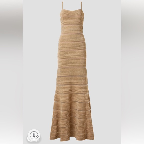 Herve Leger Bandage Metallic Striped Trumpet Gown Gold - Picture 7 of 13